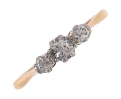A mid-20th century 18ct gold three stone diamond ring, platinum-topped set with round-cut diamonds, total diamond content app