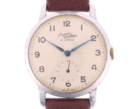 JAMES WALKER - a Vintage stainless steel mechanical wristwatch, circa 1950s, silvered dial with Arabic numerals, blued steel 