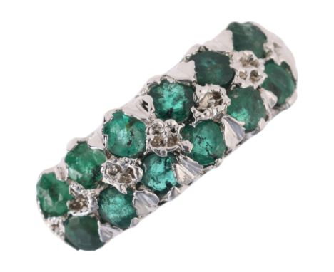 A Vintage double-row emerald half hoop ring, apparently unmarked white metal settings, setting height 6.3mm, size N, 3.2gAll 