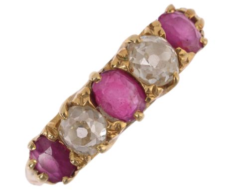 An Antique 18ct gold five stone ruby and diamond half hoop ring, claw set with oval mixed-cut rubies and old-cut diamonds, to