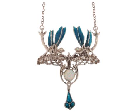 A large Art Nouveau style sterling silver synthetic opal and teal enamel dragonfly pendant necklace, on silver belcher link c