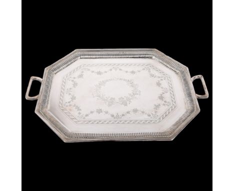 A late Victorian octagonal silver 2-handled tea tray, Henry Stratford Ltd, London 1898, bright-cut floral engraved decoration