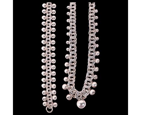 A Danish sterling silver ball necklace and bracelet set, no maker, necklace 44cm, bracelet 19cm, 29.6g total (2)No damage or 