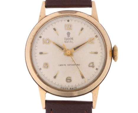 TUDOR - a Vintage 9ct gold Royal mechanical wristwatch, ref. 12324, circa 1950s, silvered dial with applied gilt eighthly Ara