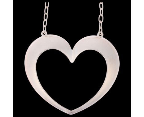 BERNHARD HERTZ - a large Danish modernist sterling silver heart openwork pendant necklace, on integral sterling cable link ch
