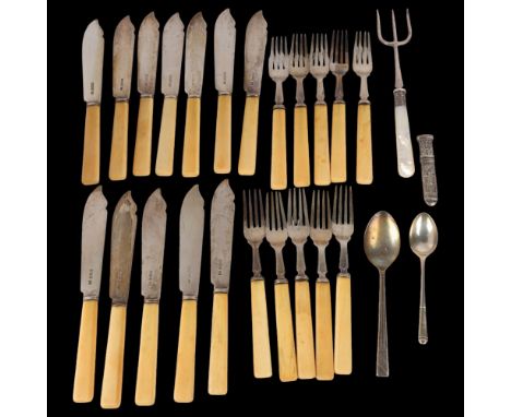 A group of George V ivorine-handled silver fish cutlery, Walker & Hall, Sheffield 1935, knife blade length 10.5cm, 25.7oz gro