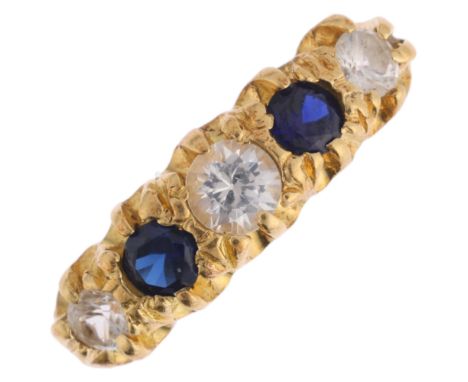 An 18ct gold five stone sapphire and cubic zirconia half hoop ring, maker NW Ltd, indistinct London date letter, setting heig