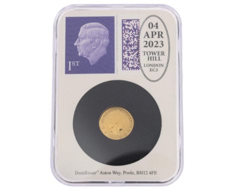 An Elizabeth II 2021 1/10 ounce 999.9 fine gold Britannia 10 pounds coin, slabbed in DateStamp case with 'First of KCIII Stam