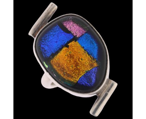 A Danish modernist sterling silver glass abstract ring, no maker, setting height 27mm, size M, 12.5gNo damage or repair, only