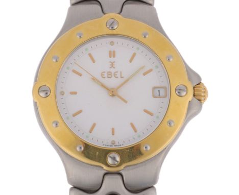 EBEL - a bi-metal Sportwave quartz calendar bracelet watch, ref. E6187631, circa 1990s, white dial with gilt baton hour marke