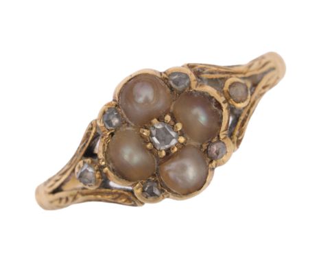A Victorian 18ct gold split pearl and diamond mourning ring, indistinct maker, London 1842, the central cluster set with rose