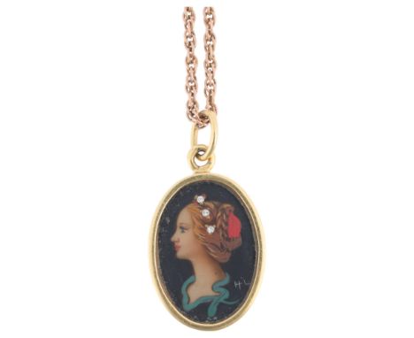 An Italian 18ct gold miniature watercolour portrait pendant necklace, the hand painted enamel panel depicting female profile,