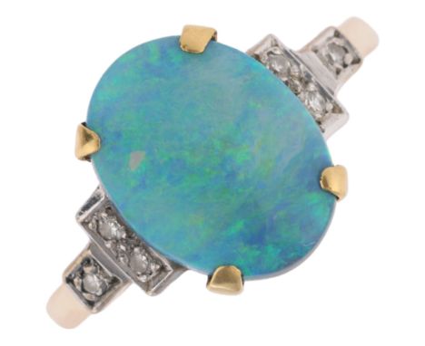 An 18ct gold black opal doublet and diamond dress ring, maker S&R, London 1975, claw set with oval cabochon opal, flanked by 