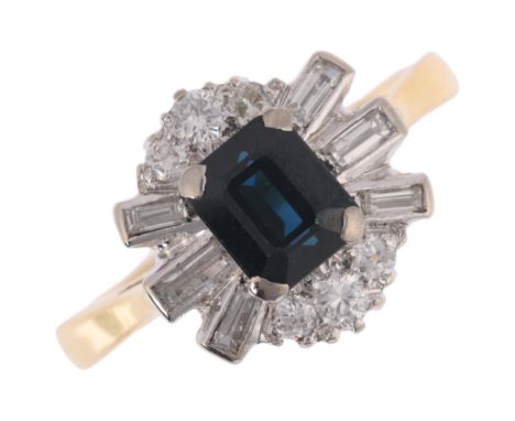 An 18ct gold (tested) sapphire and diamond ballerina cluster ring, centrally claw set with 1.3ct emerald-cut teal sapphire, s