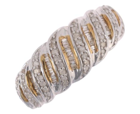 A 9ct gold diamond wave band ring, set with tapered baguette and eight-cut diamonds, total diamond content approx 0.5ct, sett