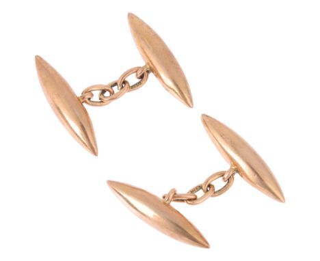 A pair of 9ct rose gold torpedo cufflinks, by Saunders & Shepherd, London 1919, 24mm, 6gNo damage or repair, only light surfa