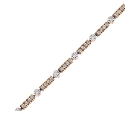 A Mexican 14ct gold diamond tennis line bracelet, claw set with modern round brilliant-cut diamonds, total diamond content ap