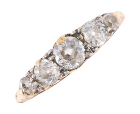 An 18ct gold graduated five stone diamond half hoop ring, set with old-cut diamonds, total diamond content approx 0.8ct, sett