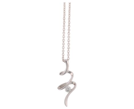 An 18ct white gold 0.05ct diamond corkscrew pendant necklace, on 18ct fine cable link chain, pendant 18.6mm, chain 40cm, 2gNo
