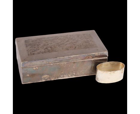 A George V silver rectangular cigarette box, indistinct maker, Birmingham 1925, 16.5cm x 8.5cm, 14oz gross, and an Elizabeth 
