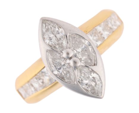 An 18ct two-colour gold diamond marquise cluster ring, maker LJW, London 1988, the central panel set with 4 marquise-cut diam