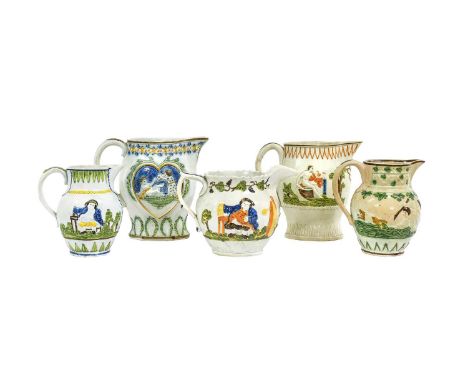A Prattware Jug, circa 1800, moulded with "Sportive Innocence" and "Mischievous Sport"15.5cmFour Similar Various Jugs (5)Spor