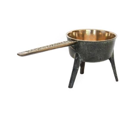A Bronze Skillet, by the Wasborough Foundry, Bristol, late 18th/early 19th century, of circular foot on tripod base, the hand