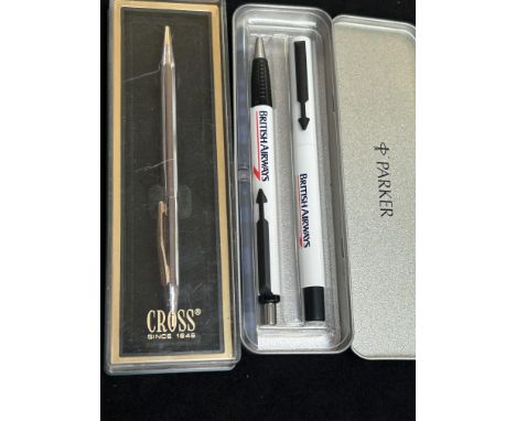 Cased Cross ballpoint pen together with a Parker British airways fountain pen &amp; ballpoint pen set 