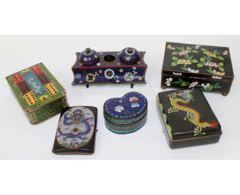 AN OLD BLUE GROUND CLOISONNE DESK STAND with twin ink wells and central pen wipe together with a cloisonne folding cribbage b