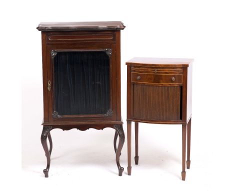 AN EDWARDIAN MAHOGANY SIDE CABINET with glazed single door standing on cabriole legs, together with a mahogany bow fronted be