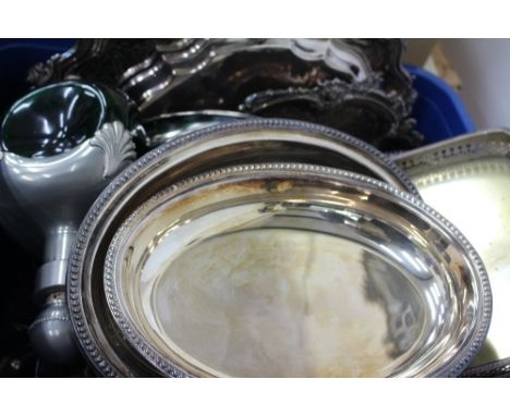 A SMALL QUANTITY OF SILVER PLATE to include trays together with a 19th century tea caddy and a burr walnut cigarette dispense