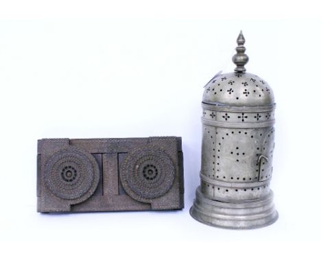 AN ANTIQUE EASTERN CARVED HARDWOOD BOOKRACK 30cm wide together with a late 19th / early 20th century Eastern church lantern, 
