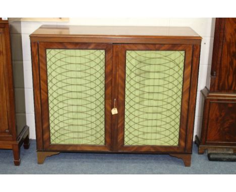A LATE 19TH CENTURY SIDE CABINET with brass wirework inset doors and bracket feet, 118cm wide x 45cm deep x 102cm high