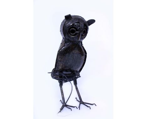 A MODERN DECORATIVE WROUGHT IRON TABLE LAMP in the form of an owl, 46cm high