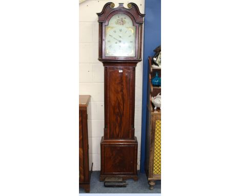 A 19TH CENTURY LONG CASE CLOCK the painted dial with Roman numerals, a subsidiary second hand and date aperture, the mahogany