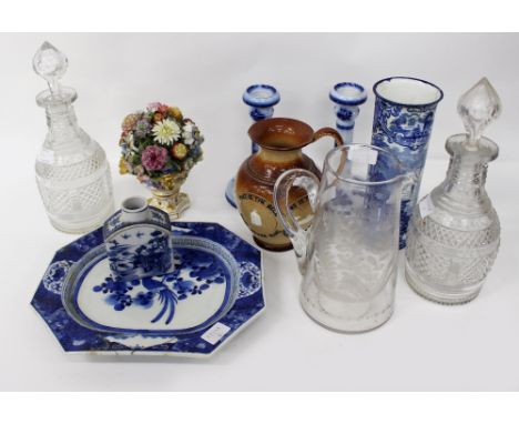 MISCELLANEOUS CERAMICS AND GLASS to include a 19th century glass jug with engraved decoration, a pair of cut glass decanters,