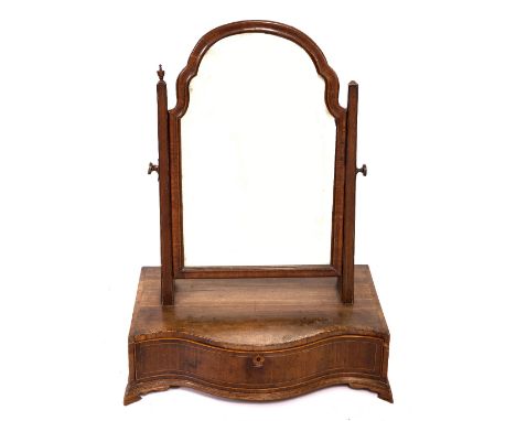 A LATE 18TH / EARLY 19TH CENTURY MAHOGANY CROSS BANDED TOILET MIRROR with serpentine front and one fitted drawer standing on 