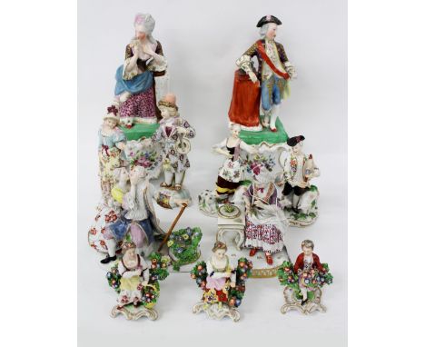 A MEISSEN PORCELAIN FIGURINE OF A LADY seated beside a table, previously with a birdcase upon it (AF) together with a group o