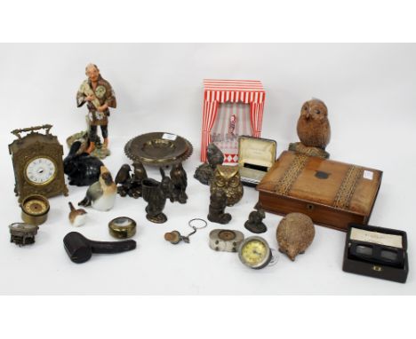 A SELECTION OF BRONZED ORNAMENTS OF BIRDS a pedestal dish, pottery owl, pottery hedgehog, gilt metal clock case, a Tunbridgew