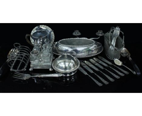 A SELECTION OF SILVER PLATED WARE to include serving dish and cover, bachelor's coffee pot, cruet set on stand, filigree bask