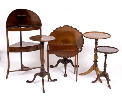 A 19TH CENTURY MAHOGANY CORNER WASH STAND a tilt top tripod table, further occasional furniture