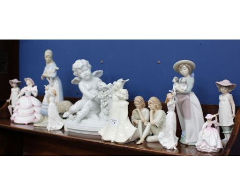 A SELECTION OF CERAMICS to include Coalport figurines, Royal Doulton figure groups, Nao girl with goat, a blanc de chine cher