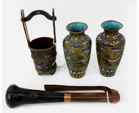 A PAIR OF CLOISONNE DECORATED GILT METAL BALUSTER VASES 12cm high together with a cloisonne decorated gilt metal bucket decor