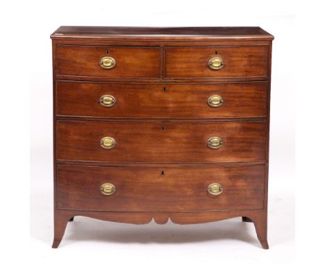 A VICTORIAN MAHOGANY BOW FRONTED CHEST OF TWO SHORT AND THREE LONG DRAWERS with splayed bracket feet, 104cm wide x 51cm deep 