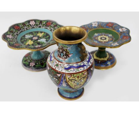 A CLOISONNE ENAMEL VASE  decorated with masks, 16.5cm high together with two cloisonne tazza with lobed dishes and circular s