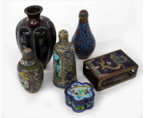 A GROUP OF THREE CLOISONNE SNUFF BOTTLES  of varying designs, the largest 8cm high together with a small white metal enamel d
