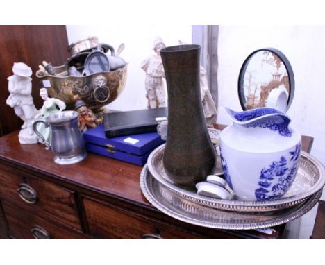 A QUANTITY OF SILVER PLATE  to include a punch bowl and cups, a pair of possibly 19th century wine bottle coasters, also a gr