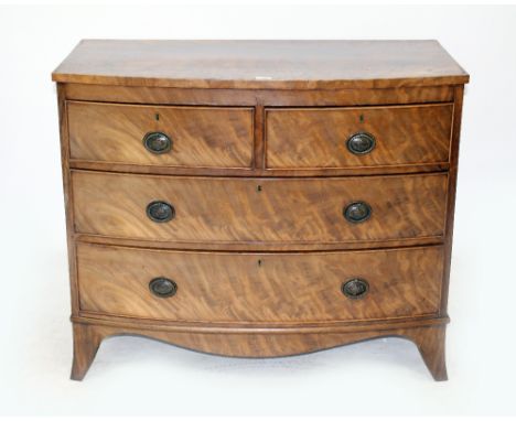 A VICTORIAN MAHOGANY BOW FRONTED CHEST OF TWO SHORT AND TWO LONG DRAWERS with splayed bracket feet, stamped I.Ford Hull, 104c