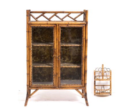 A VICTORIAN BAMBOO CABINET with chinoiserie decoration, twin glazed doors and two fixed shelves, 77cm wide x 31cm deep x 122c