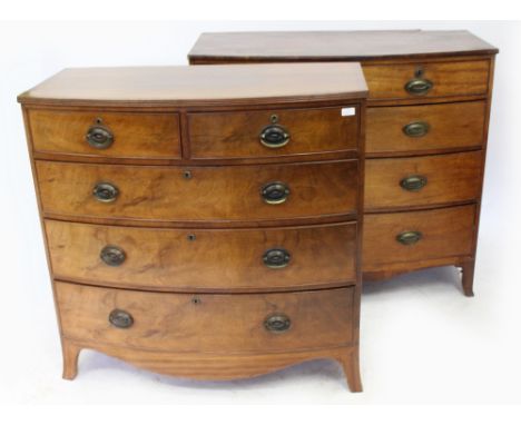 A VICTORIAN MAHOGANY BOW FRONTED CHEST OF TWO SHORT AND THREE LONG DRAWERS with splayed bracket feet, 104cm wide x 44cm deep 